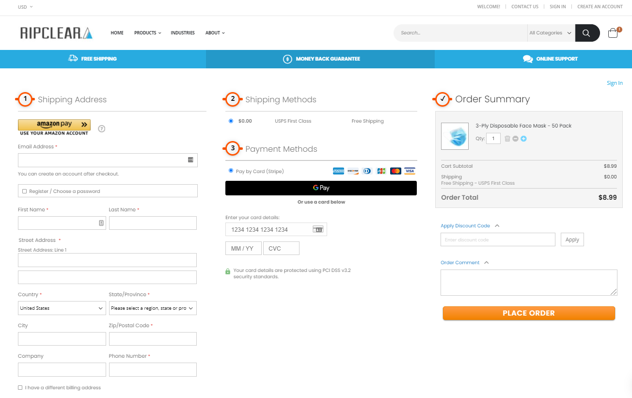 Ripclear Magento 2 store checkout with One Step Checkout selling masks and gloves in the United States